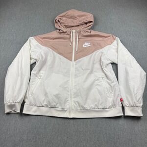 Nike Jacket Womens XL Pink White Windrunner Windbreaker Loose Woven Hooded